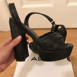 Aldo black high heel block sandal, size 7.5